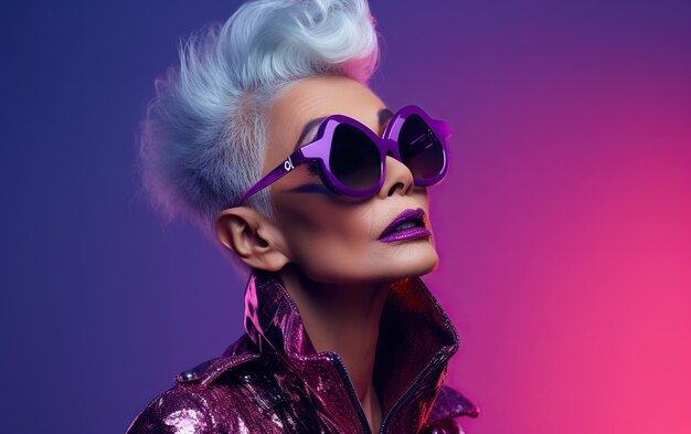 An old woman as a supermodel with much makeup in futuristic fashion clothes on purple background