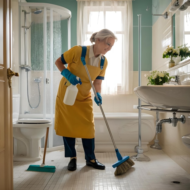 an old woman cleaning the bathroom with a mop