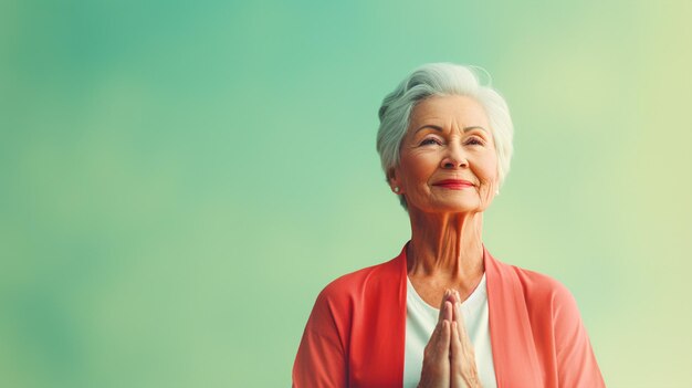 Old woman doing yoga in front of isolated green background