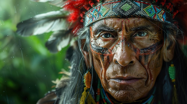 an old woman from the tribe wears a colorful headdress