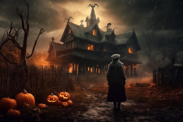 Old woman halloween house Generate Ai