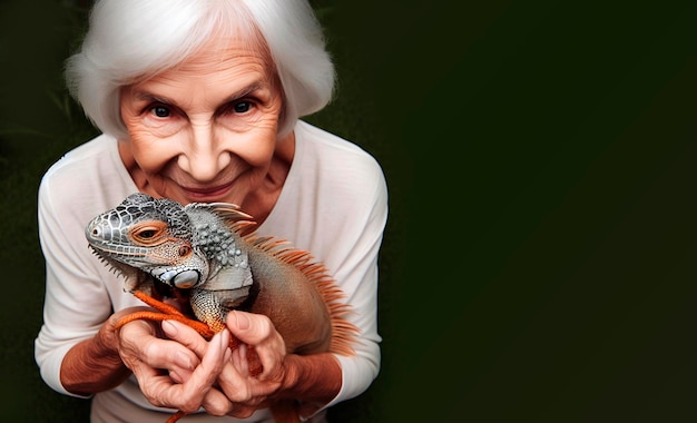 an old woman holding a lizard and a snake