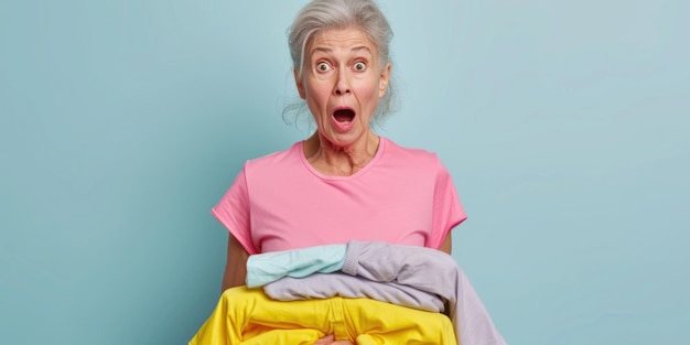 Photo an old woman holding a pile of clothes can be used to depict laundry cleaning or household chores