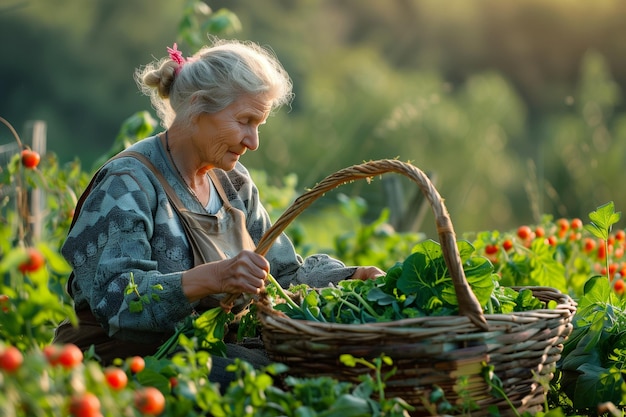 an old woman is picking vegetables in a field