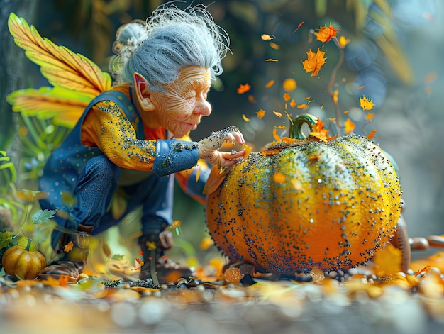 an old woman is playing with a pumpkin that has fallen leaves on it