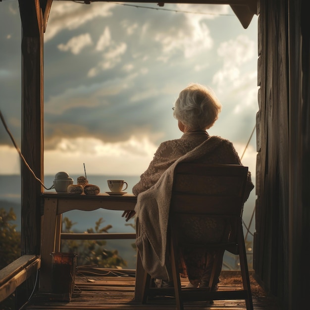 An old woman is seen from behind enjoying her life looking at the scenery outside the house enjoy