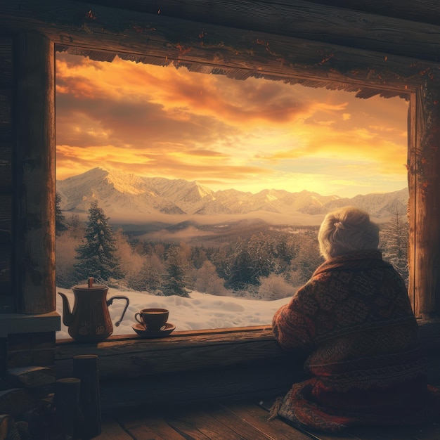 An old woman is seen from behind enjoying her life looking at the scenery outside the house enjoy