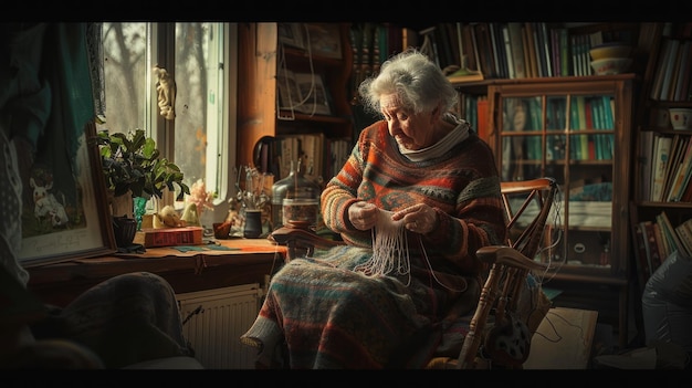 An old woman is sitting in a rocking chair and knitting She is wearing a red sweater and a gray skirt The room is full of books and knickknacks