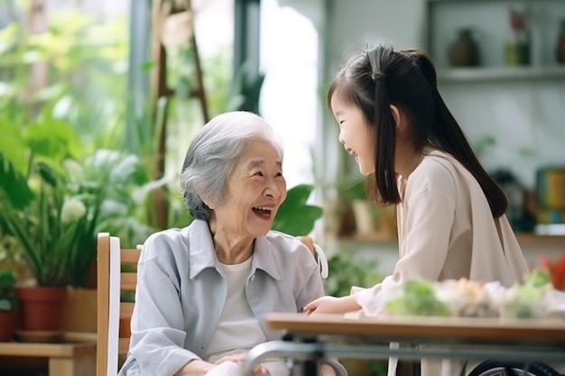 an old woman is smiling at a table with an older woman