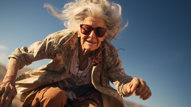 Old woman jumping with a skateboard Generative Ai