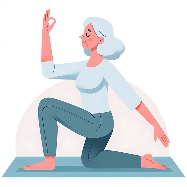 Photo old woman practicing yoga flat style illustration white background isolated pastel colors