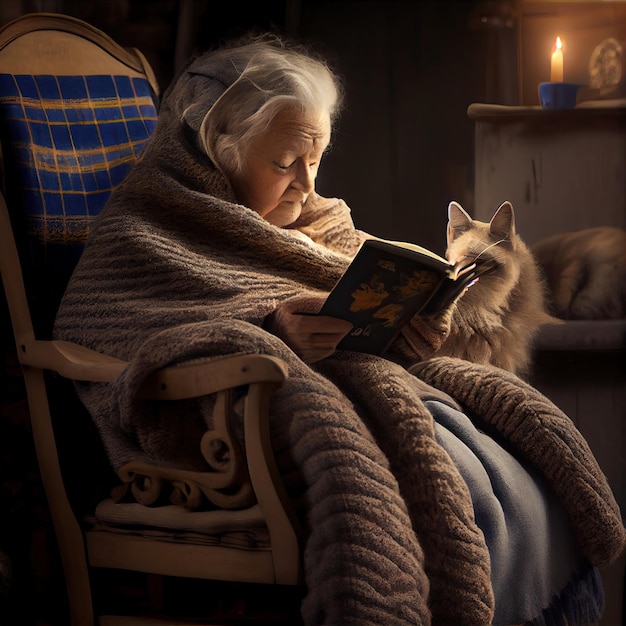 An old woman sitting in a chair reading a book