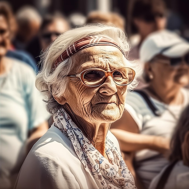 Old woman on a sunny day crowd photo realistic