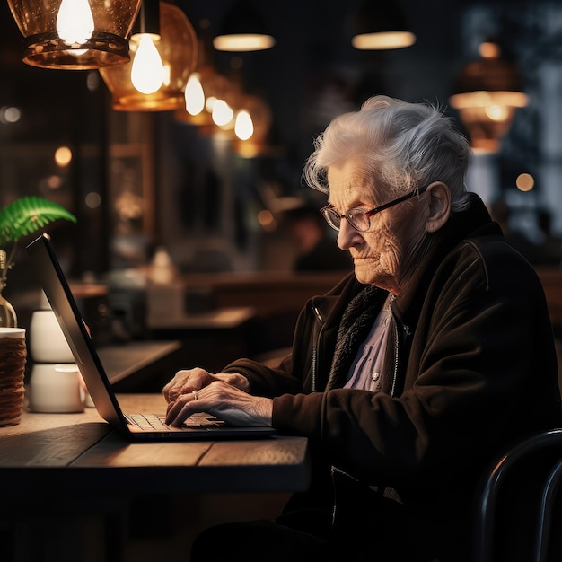 An old woman typing on a laptop in a cafe