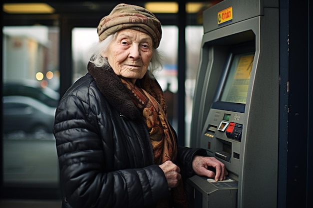 an old woman using an atm machine bokeh style background