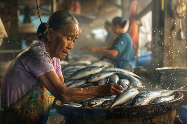 an old woman washing fish in a market