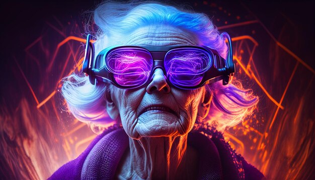 An old woman wearing purple glasses with neon lights on the bottom.