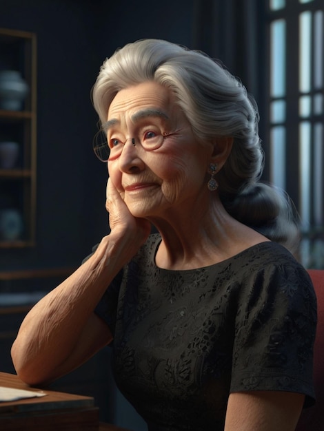 a old woman with a black dress and glasses on her face