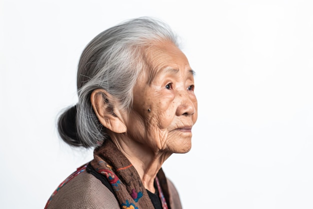 an old woman with a brown jacket and a scarf