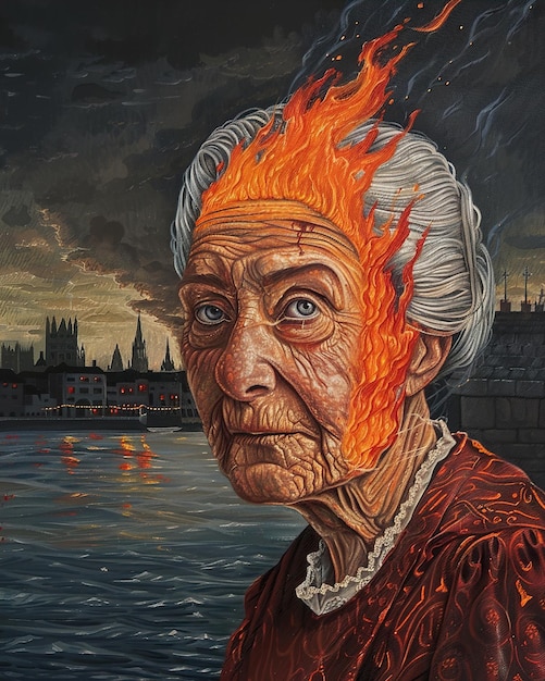 an old woman with a burning face is standing in front of a body of water