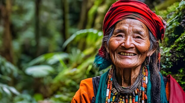 an old woman with a colorful headdress and a colorful headdress