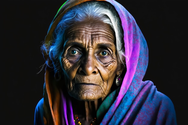 An old woman with a colorful scarf and a scarf.