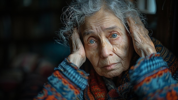 an old woman with grey hair and a scarf around her head