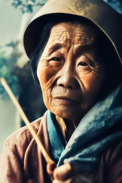 An old woman with a hat and scarf is shown in this portrait.