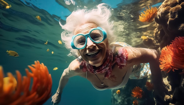 old woman with a mask for snorkeling in the sea near corals