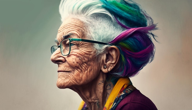 Old woman with multicolored hair Generative AI