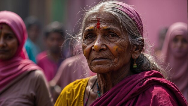 an old woman with a pink shirt and purple and yellow designs on her face