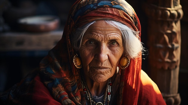 an old woman with a red scarf and a necklace