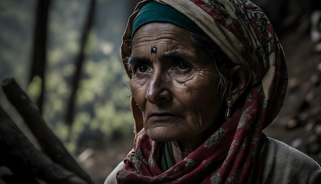 An old woman with a scarf on her head and a red scarf on her head.