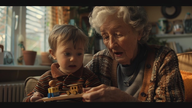 An old woman and a young boy are sitting together playing with a toy car The scene is warm and inv