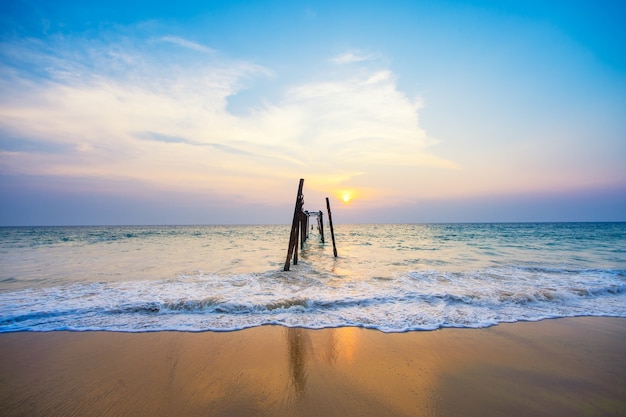 Old wood bridge in the sea from south of thailand