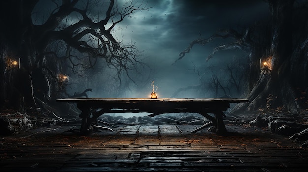 Old wood table and silhouette dead tree at night for Halloween background Generative AI