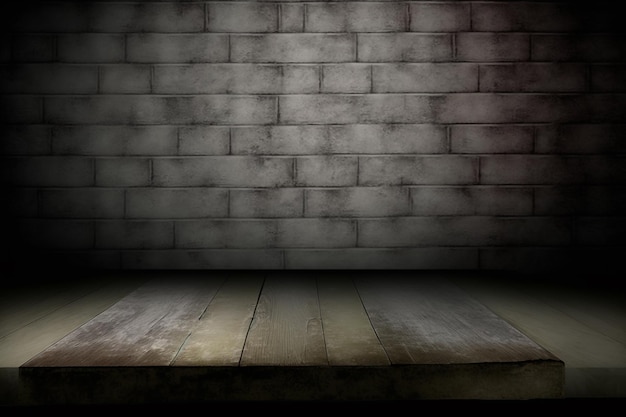 Old wood table with blurred concrete block wall in dark room background