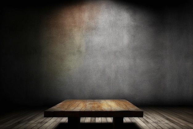 Old wood table with blurred concrete block wall in dark room background