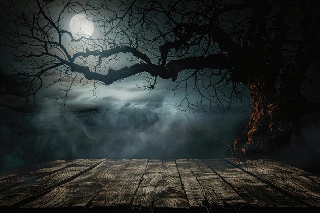 Photo old wood table with dead tree silhouette for halloween themes