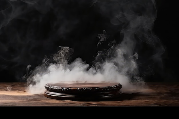 Old Wood Tabletop With Smoke Against Dark Background Adding Mysterious Touch