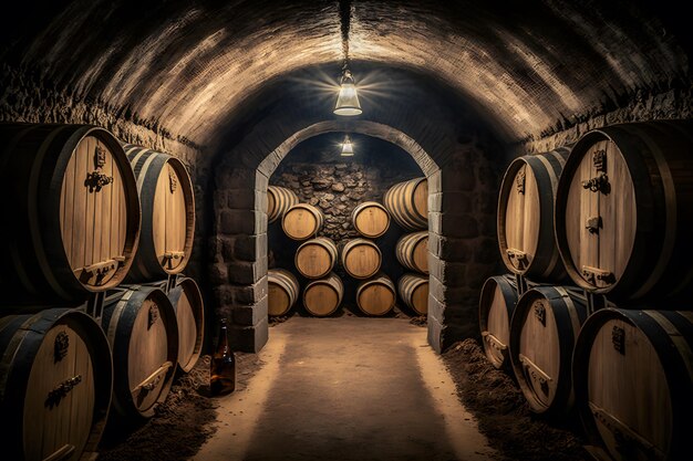 Old Wooden barrels with wine in a wine vault cellar Neural network generated art