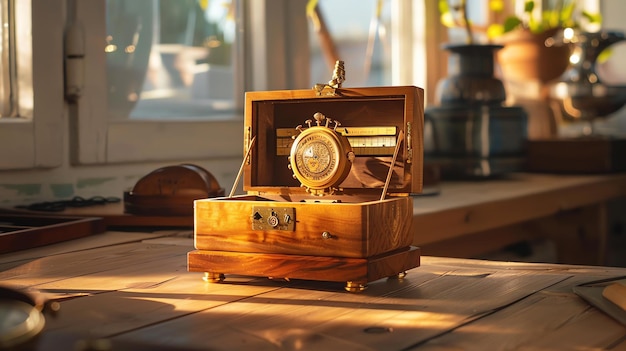 An old wooden box with a golden mechanical clockwork inside The box is open and the clockwork is exposed