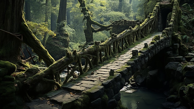 Old wooden bridge in the forest with a beautiful landscape of green trees