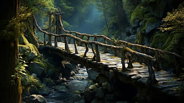 Old wooden bridge in the forest with a beautiful landscape of green trees