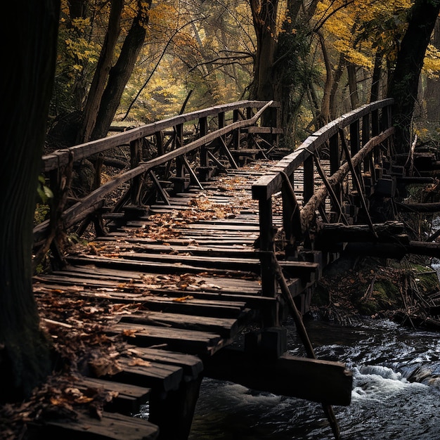 An old wooden bridge over a river in the forest surrounded by trees