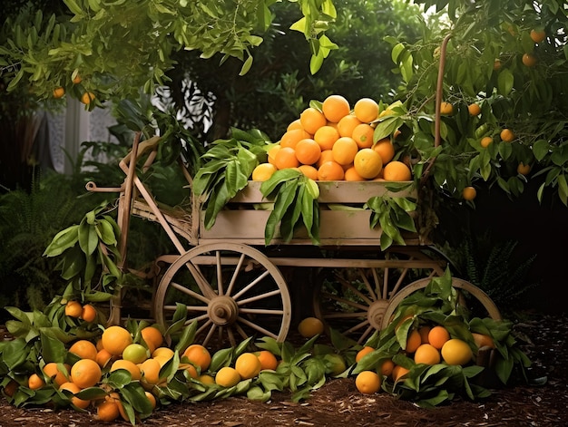 old wooden cart full of oranges orange trees in the garden