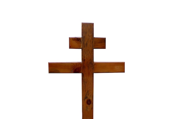 Old wooden christian orthodox cross isolated on white background. High quality photo