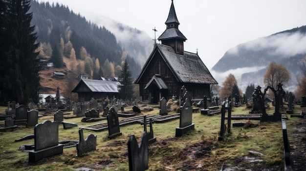 old wooden church in the mountains late fall