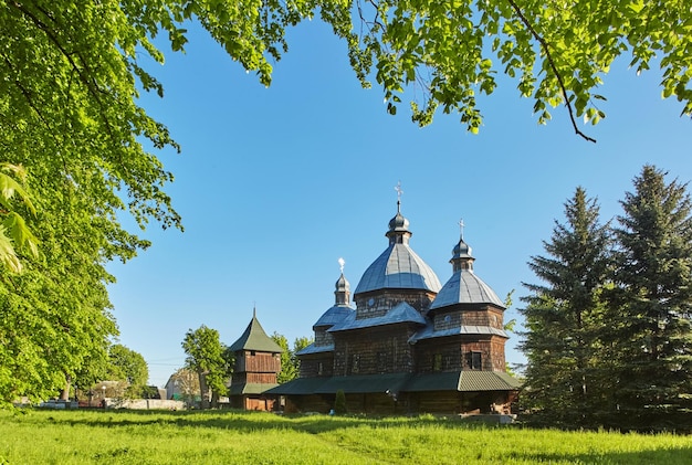 Old wooden church near Krekhiv with ethnic atmosphere in Lviv region Ukraine