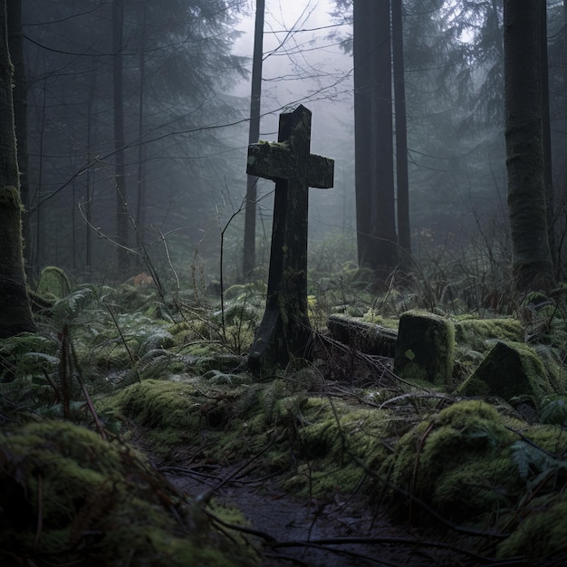 an old wooden cross sits in the middle of a foggy forest